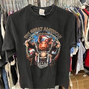 Biker T Shirt American Hog / Pig on a Motorcycle Black Sz M Arkansas